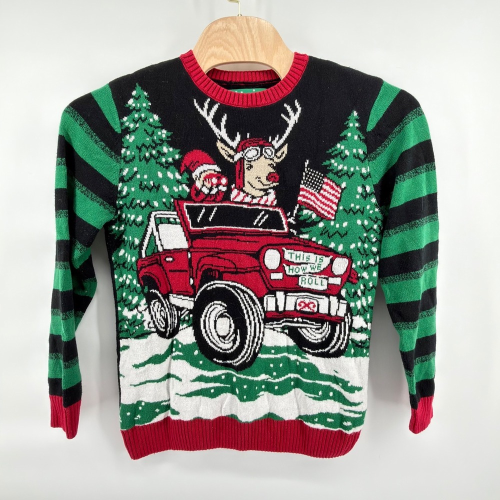 Ugly Christmas Sweater L Men Santa Reindeer Jeep This Is How We Roll Patriotic